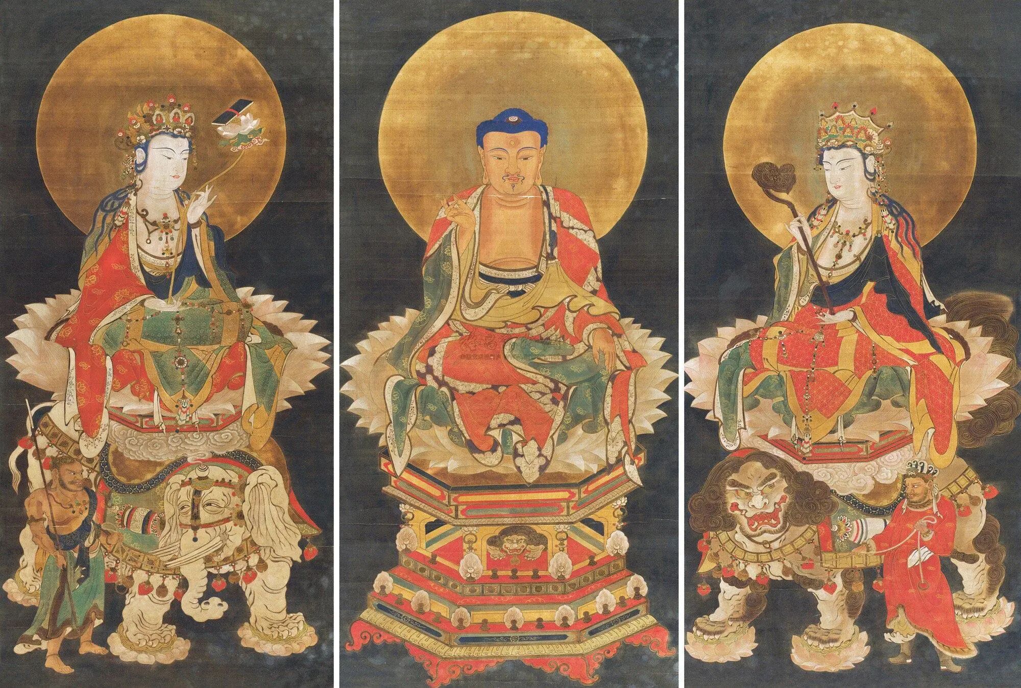 【明 华严三圣三幅联 立轴 设色绢本】拍卖品_图片_价格_鉴赏_绘画_雅昌艺术品拍卖网